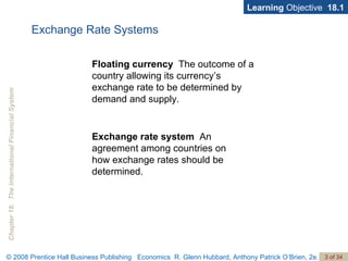 Exchange Rate Systems Floating currency   The outcome of a country allowing its currency’s exchange rate to be determined by demand and supply. Exchange rate system   An agreement among countries on how exchange rates should be determined. Learning  Objective  18.1 