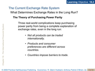 The Current Exchange Rate System Learning  Objective  18.2 The Theory of Purchasing Power Parity What Determines Exchange Rates in the Long Run? Three real-world complications keep purchasing power parity from being a complete explanation of exchange rates, even in the long run:  •  Not all products can be traded internationally. •  Products and consumer preferences are different across countries. •  Countries impose barriers to trade. 