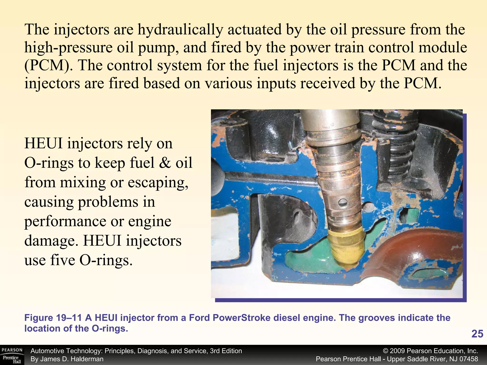 Figure 19–11 A HEUI injector from a Ford PowerStroke diesel engine. The grooves indicate the location of the O-rings. The injectors are hydraulically actuated by the oil pressure from the high-pressure oil pump, and fired by the power train control module (PCM). The control system for the fuel injectors is the PCM and the injectors are fired based on various inputs received by the PCM.  HEUI injectors rely on O-rings to keep fuel & oil from mixing or escaping, causing problems in performance or engine damage. HEUI injectors use five O-rings. 
