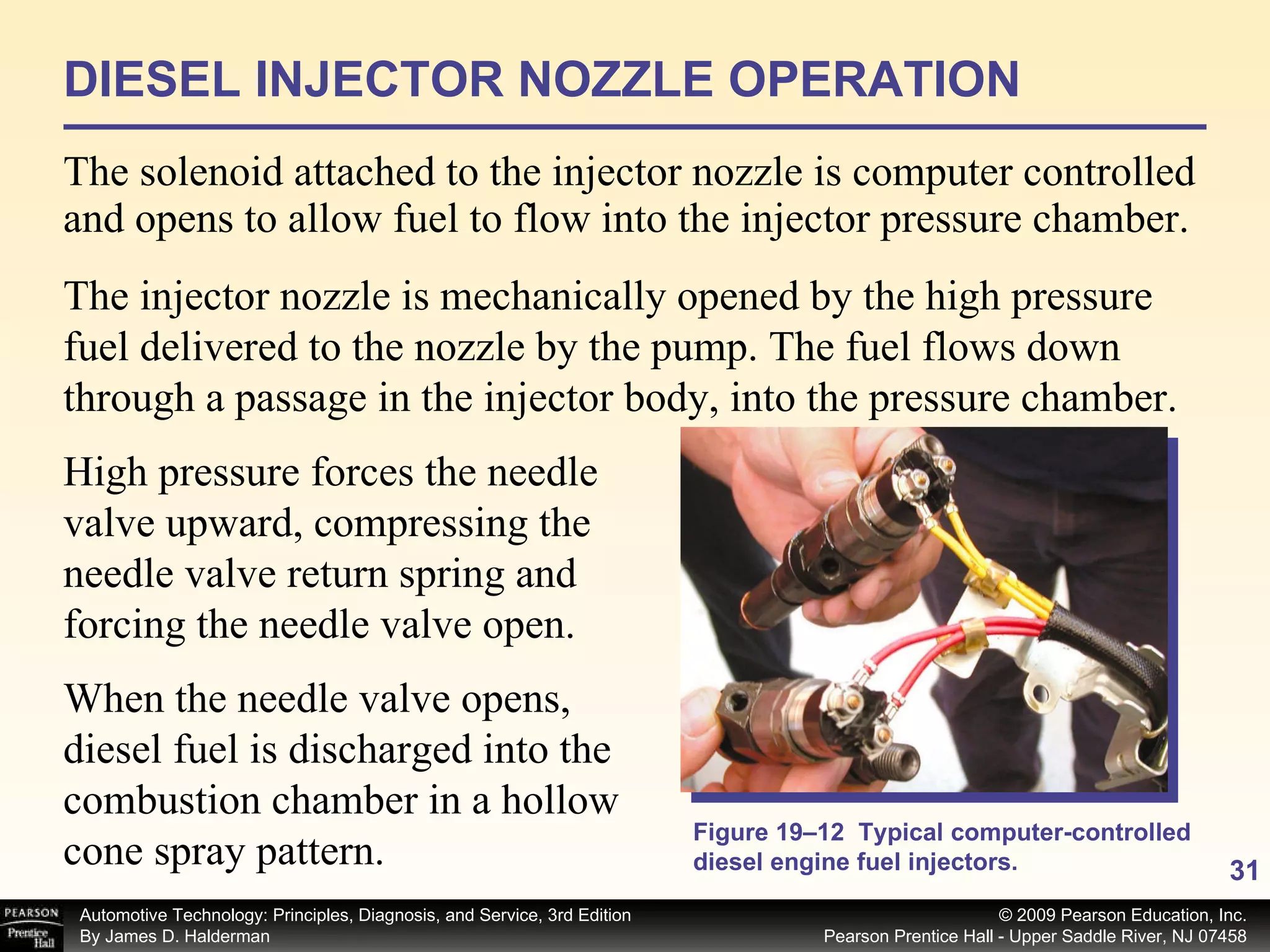 DIESEL INJECTOR NOZZLE OPERATION The solenoid attached to the injector nozzle is computer controlled and opens to allow fuel to flow into the injector pressure chamber.  Figure 19–12  Typical computer-controlled diesel engine fuel injectors. The injector nozzle is mechanically opened by the high pressure fuel delivered to the nozzle by the pump. The fuel flows down through a passage in the injector body, into the pressure chamber.  High pressure forces the needle valve upward, compressing the needle valve return spring and forcing the needle valve open.  When the needle valve opens, diesel fuel is discharged into the combustion chamber in a hollow cone spray pattern.  