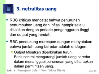 slide 13BAB 19 Kemajuan dalam Teori Siklus Bisnis
3. netralitas uang
 RBC kritikus mencatat bahwa penurunan
pertumbuhan uang dan inflasi hampir selalu
dikaitkan dengan periode pengangguran tinggi
dan output yang rendah.
 RBC pendukung merespon dengan menyatakan
bahwa jumlah uang beredar adalah endogen:
 Output Misalkan diperkirakan turun.
Bank sentral mengurangi jumlah uang beredar
dalam menanggapi penurunan yang diharapkan
dalam permintaan uang.
 