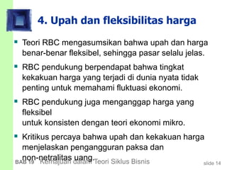 slide 14BAB 19 Kemajuan dalam Teori Siklus Bisnis
4. Upah dan fleksibilitas harga
 Teori RBC mengasumsikan bahwa upah dan harga
benar-benar fleksibel, sehingga pasar selalu jelas.
 RBC pendukung berpendapat bahwa tingkat
kekakuan harga yang terjadi di dunia nyata tidak
penting untuk memahami fluktuasi ekonomi.
 RBC pendukung juga menganggap harga yang
fleksibel
untuk konsisten dengan teori ekonomi mikro.
 Kritikus percaya bahwa upah dan kekakuan harga
menjelaskan pengangguran paksa dan
non-netralitas uang.
 
