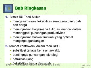 Bab Ringkasan
1. Bisnis Riil Teori Siklus
 mengasumsikan fleksibilitas sempurna dari upah
dan harga
 menunjukkan bagaimana fluktuasi muncul dalam
menanggapi guncangan produktivitas
 menunjukkan bahwa fluktuasi yang optimal
mengingat guncangan
2. Tempat kontroversi dalam teori RBC
 substitusi tenaga kerja antarwaktu
 pentingnya guncangan teknologi
 netralitas uang
 fleksibilitas harga dan upahBAB 19 Kemajuan dalam Teori Siklus Bisnis meluncur
 