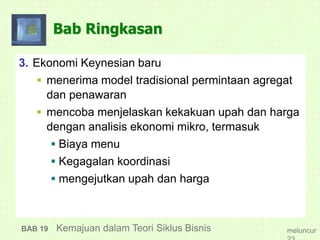 Bab Ringkasan
3. Ekonomi Keynesian baru
 menerima model tradisional permintaan agregat
dan penawaran
 mencoba menjelaskan kekakuan upah dan harga
dengan analisis ekonomi mikro, termasuk
 Biaya menu
 Kegagalan koordinasi
 mengejutkan upah dan harga
BAB 19 Kemajuan dalam Teori Siklus Bisnis meluncur
 