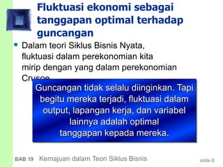 slide 6BAB 19 Kemajuan dalam Teori Siklus Bisnis
Fluktuasi ekonomi sebagai
tanggapan optimal terhadap
guncangan
 Dalam teori Siklus Bisnis Nyata,
fluktuasi dalam perekonomian kita
mirip dengan yang dalam perekonomian
Crusoe.
Guncangan tidak selalu diinginkan. Tapi
begitu mereka terjadi, fluktuasi dalam
output, lapangan kerja, dan variabel
lainnya adalah optimal
tanggapan kepada mereka.
 