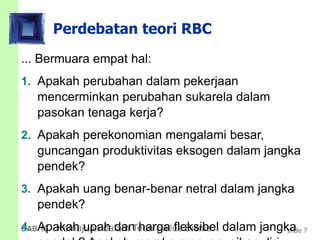 slide 7BAB 19 Kemajuan dalam Teori Siklus Bisnis
Perdebatan teori RBC
... Bermuara empat hal:
1. Apakah perubahan dalam pekerjaan
mencerminkan perubahan sukarela dalam
pasokan tenaga kerja?
2. Apakah perekonomian mengalami besar,
guncangan produktivitas eksogen dalam jangka
pendek?
3. Apakah uang benar-benar netral dalam jangka
pendek?
4. Apakah upah dan harga fleksibel dalam jangka
 