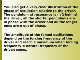 You also get a very clear illustration of the
phase of oscillation relative to the driver.
The pendulum at resonance is π/2 behind
the driver, all the shorter pendulums are
in phase with the driver and all the longer
ones are π out of phase.
The amplitude of the forced oscillations
depend on the forcing frequency of the
driver and reach a maximum when forcing
frequency = natural frequency of the
driven cones.
 