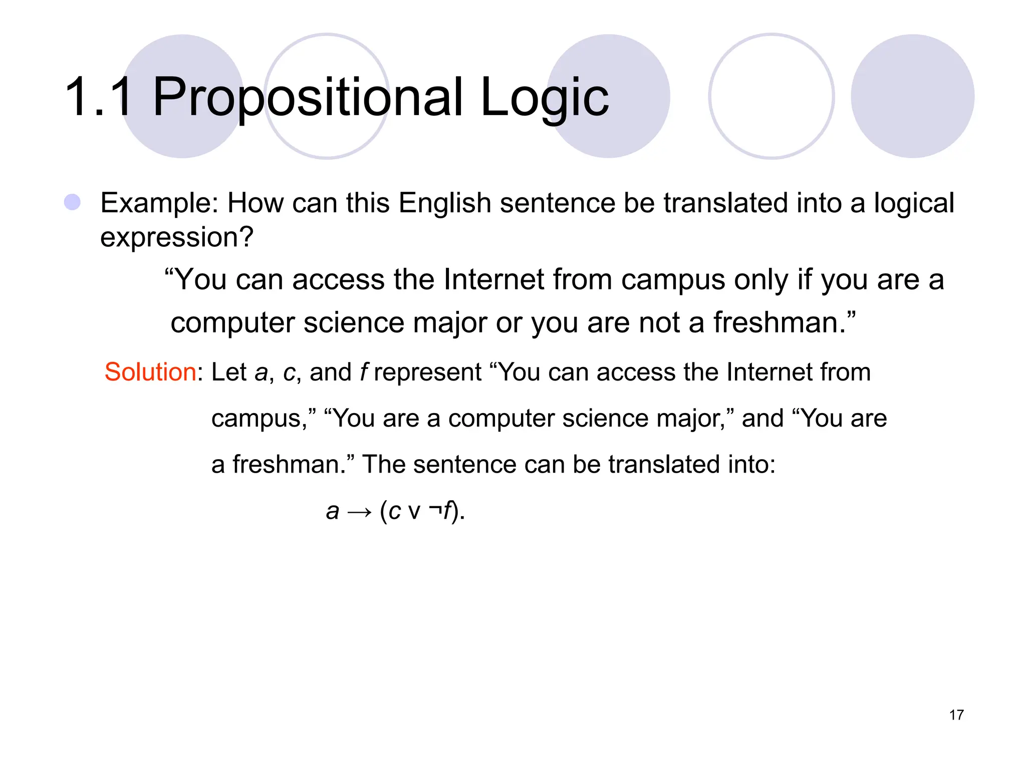 1.1 Propositional Logic
 Example: How can this English sentence be translated into a logical
expression?
“You can access the Internet from campus only if you are a
computer science major or you are not a freshman.”
Solution: Let a, c, and f represent “You can access the Internet from
campus,” “You are a computer science major,” and “You are
a freshman.” The sentence can be translated into:
a → (c ν ¬f).
17
 