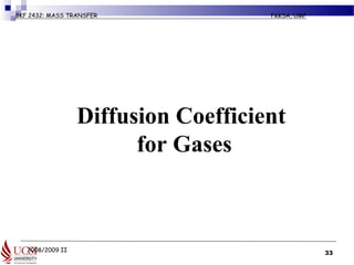2008/2009 II
BKF 2432: MASS TRANSFER FKKSA, UMP
Diffusion Coefficient
for Gases
33
 