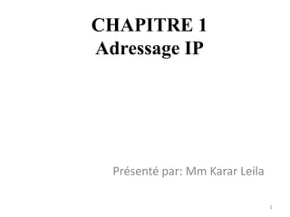 1
CHAPITRE 1
Adressage IP
Présenté par: Mm Karar Leila
 