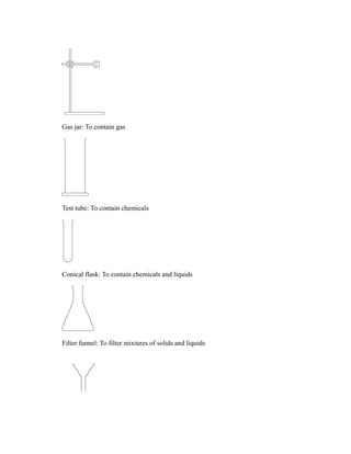 Gas jar: To contain gas
Test tube: To contain chemicals
Conical flask: To contain chemicals and liquids
Filter funnel: To filter mixtures of solids and liquids
 