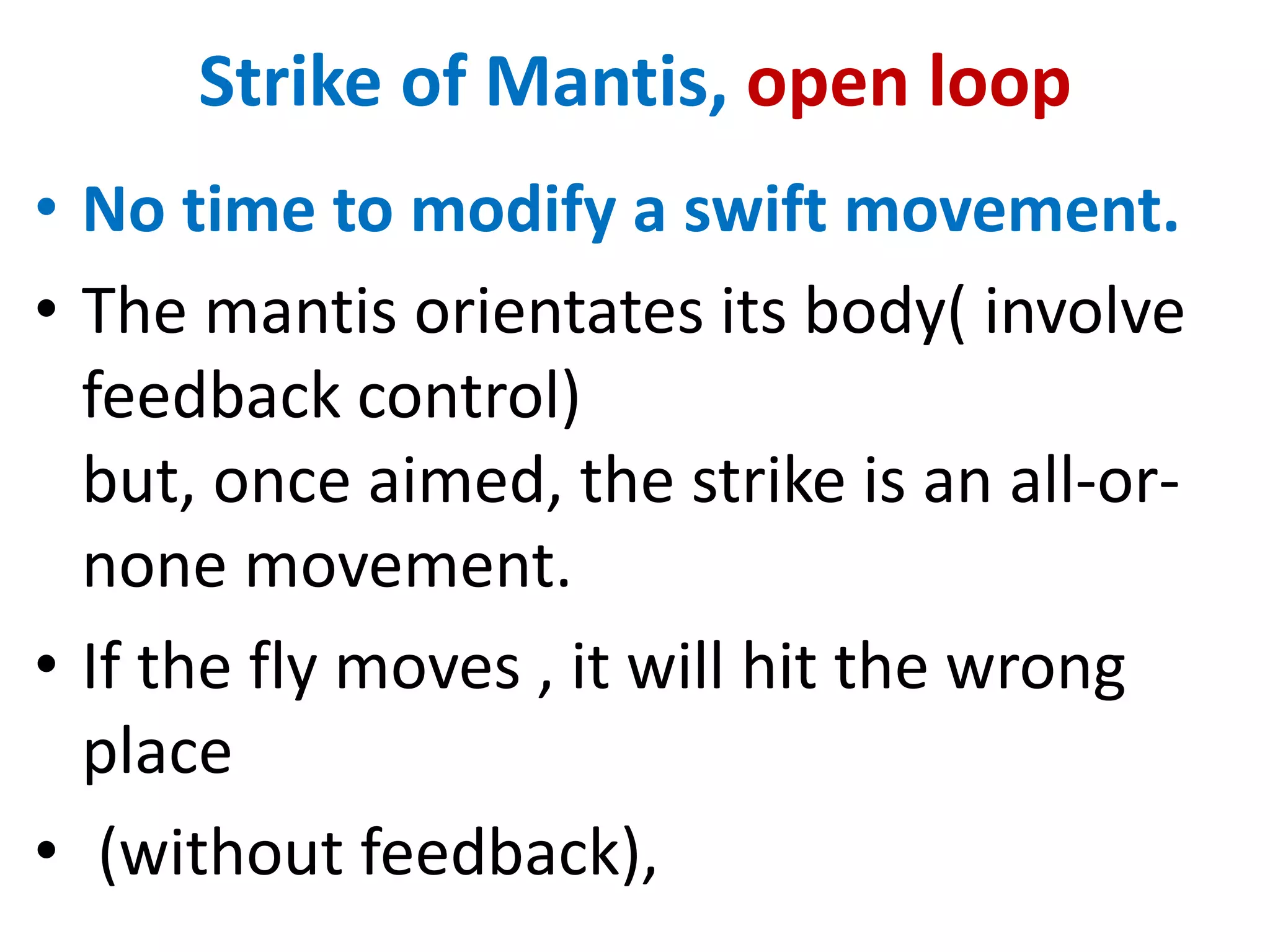 Strike of Mantis, open loop
• No time to modify a swift movement.
• The mantis orientates its body( involve
feedback control)
but, once aimed, the strike is an all-or-
none movement.
• If the fly moves , it will hit the wrong
place
• (without feedback),
 
