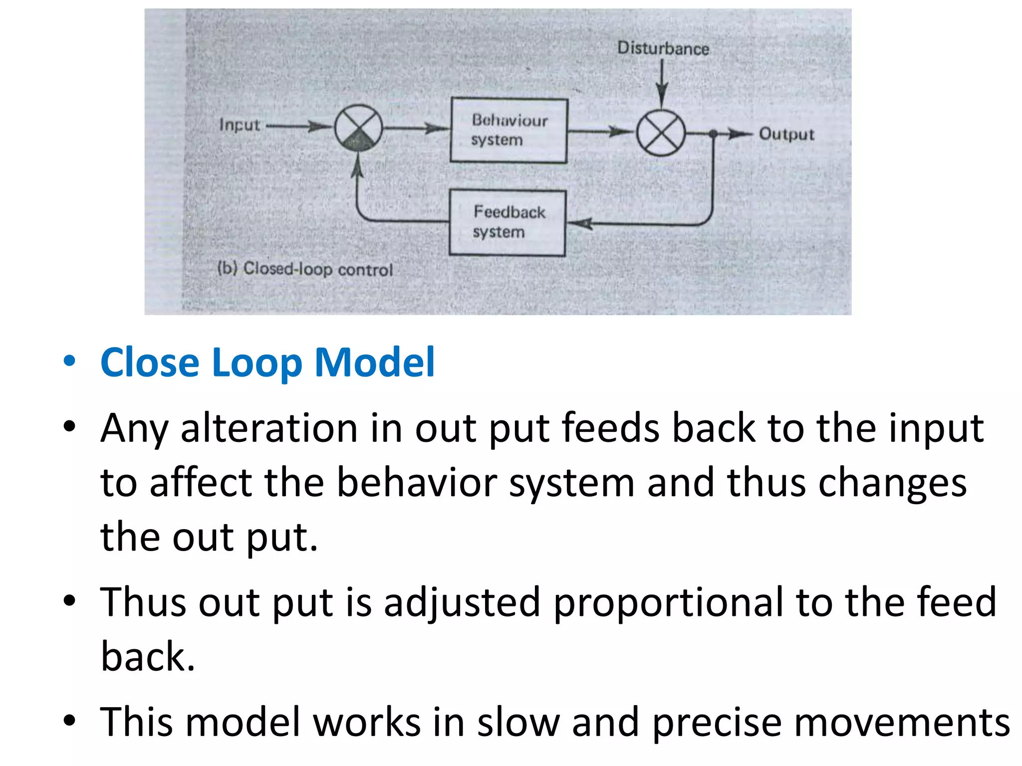 • Close Loop Model
• Any alteration in out put feeds back to the input
to affect the behavior system and thus changes
the out put.
• Thus out put is adjusted proportional to the feed
back.
• This model works in slow and precise movements
 