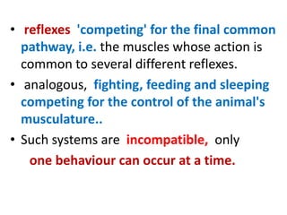 • reflexes 'competing' for the final common
pathway, i.e. the muscles whose action is
common to several different reflexes.
• analogous, fighting, feeding and sleeping
competing for the control of the animal's
musculature..
• Such systems are incompatible, only
one behaviour can occur at a time.
 