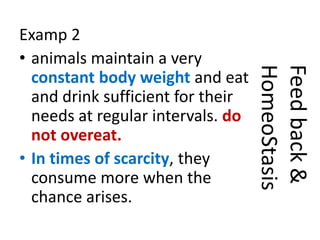 Examp 2
• animals maintain a very
constant body weight and eat
and drink sufficient for their
needs at regular intervals. do
not overeat.
• In times of scarcity, they
consume more when the
chance arises.
Feedback&
HomeoStasis
 