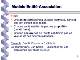 Modèle Entité-Association Entité Une  entité  correspond à un objet abstrait ou concret que l’on perçoit de la réalité. Chaque entité est décrite par des  propriétés   (ou  attributs ).  Chaque  occurrence  de l’entité est définie par les valeurs de ses différents attributs. Exemple : l’entité  Coureur  a 3 attributs Le coureur (nº8, Ben Salah , Tunisienne) est une occurrence de l’entité  coureur . 