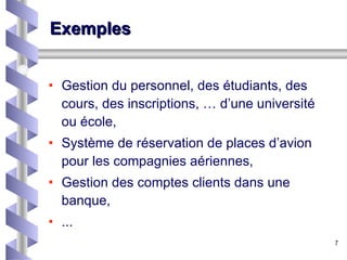 Exemples Gestion du personnel, des étudiants, des cours, des inscriptions, … d’une université ou école, Système de réservation de places d’avion pour les compagnies aériennes, Gestion des comptes clients dans une banque, ... 