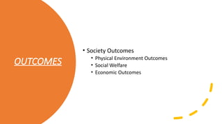 OUTCOMES
• Society Outcomes
• Physical Environment Outcomes
• Social Welfare
• Economic Outcomes
 