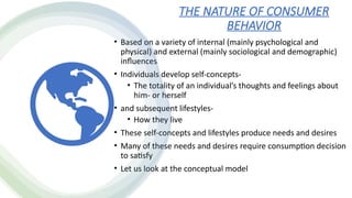 THE NATURE OF CONSUMER
BEHAVIOR
• Based on a variety of internal (mainly psychological and
physical) and external (mainly sociological and demographic)
influences
• Individuals develop self-concepts-
• The totality of an individual’s thoughts and feelings about
him- or herself
• and subsequent lifestyles-
• How they live
• These self-concepts and lifestyles produce needs and desires
• Many of these needs and desires require consumption decision
to satisfy
• Let us look at the conceptual model
 