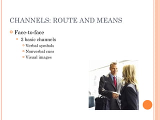 CHANNELS: ROUTE AND MEANS Face-to-face 3 basic channels Verbal symbols Nonverbal cues Visual images 