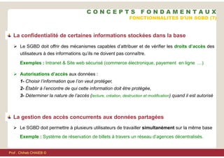  Le SGBD doit offrir des mécanismes capables d’attribuer et de vérifier les droits d’accès des
utilisateurs à des informations qu’ils ne doivent pas connaître.
Exemples : Intranet & Site web sécurisé (commerce électronique, payement en ligne …)
 Autorisations d’accès aux données :
1- Choisir l’information que l’on veut protéger,
2- Établir à l’encontre de qui cette information doit être protégée,
3- Déterminer la nature de l’accès (lecture, création, destruction et modification) quand il est autorisé
 Le SGBD doit permettre à plusieurs utilisateurs de travailler simultanément sur la même base
Exemple : Système de réservation de billets à travers un réseau d’agences décentralisés.
La confidentialité de certaines informations stockées dans la base
La gestion des accès concurrents aux données partagées
FONCTIONNALITES D'UN SGBD (7)
C O N C E P T S F O N D A M E N T A U X
Prof . Chiheb CHAIEB ©
 