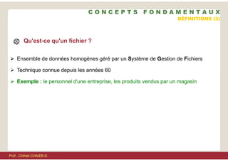 DÉFINITIONS (3)
Qu'est-ce qu'un fichier ?
 Ensemble de données homogènes géré par un Système de Gestion de Fichiers
 Technique connue depuis les années 60
 Exemple : le personnel d'une entreprise, les produits vendus par un magasin
C O N C E P T S F O N D A M E N T A U X
Prof . Chiheb CHAIEB ©
 