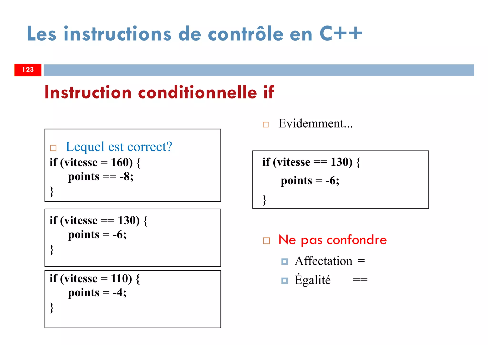 Lequel est correct?
if (vitesse = 160) {
points == -8;
}
if (vitesse == 130) {
points = -6;
}
if (vitesse = 110) {
points = -4;
}
Evidemment...
if (vitesse == 130) {
points = -6;
}
Ne pas confondre
Affectation =
Égalité ==
Les instructions de contrôle en C++
Instruction conditionnelle if
123123
 