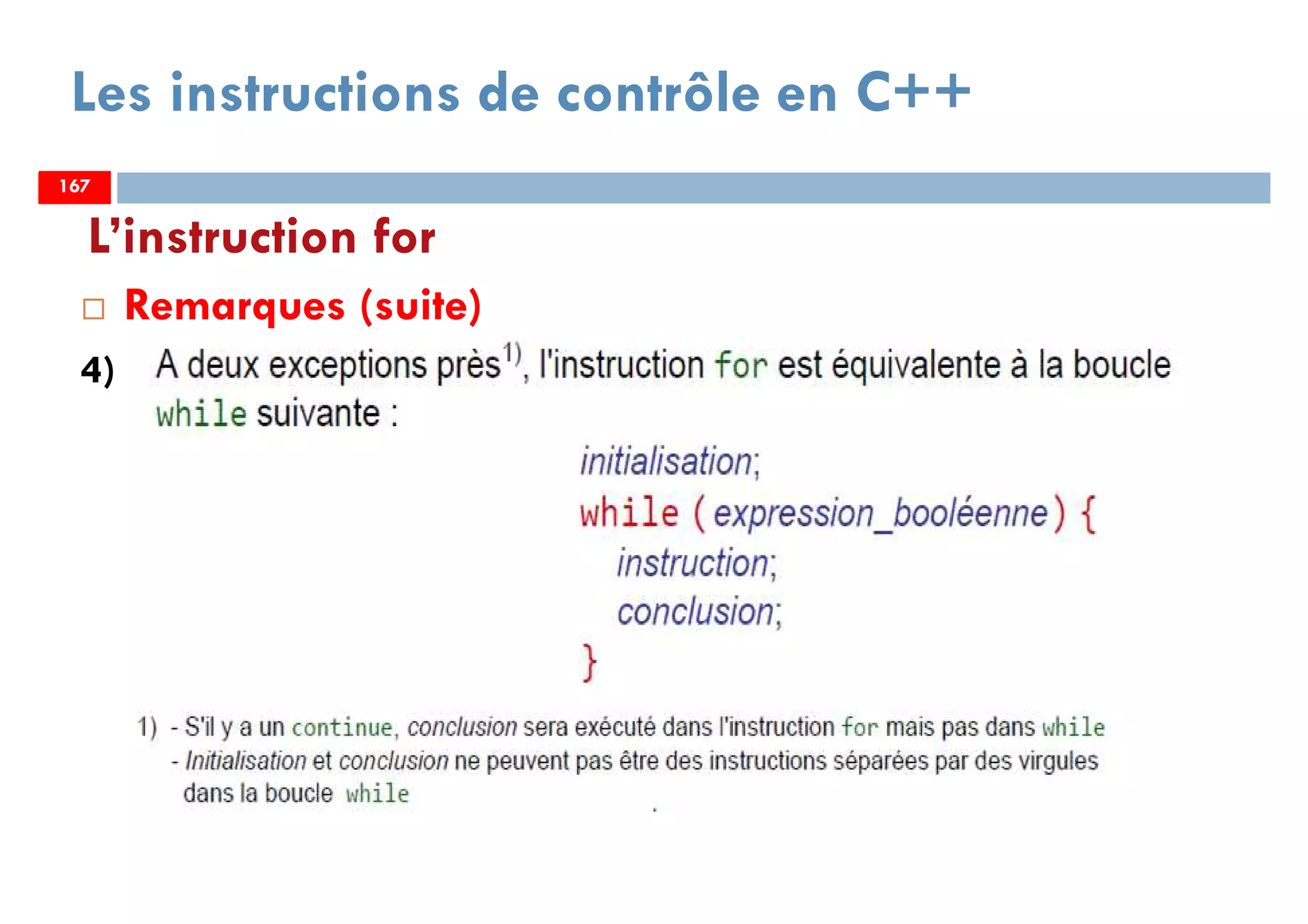 167
Les instructions de contrôle en C++
Remarques (suite)
4)
L’instruction for
167167
 