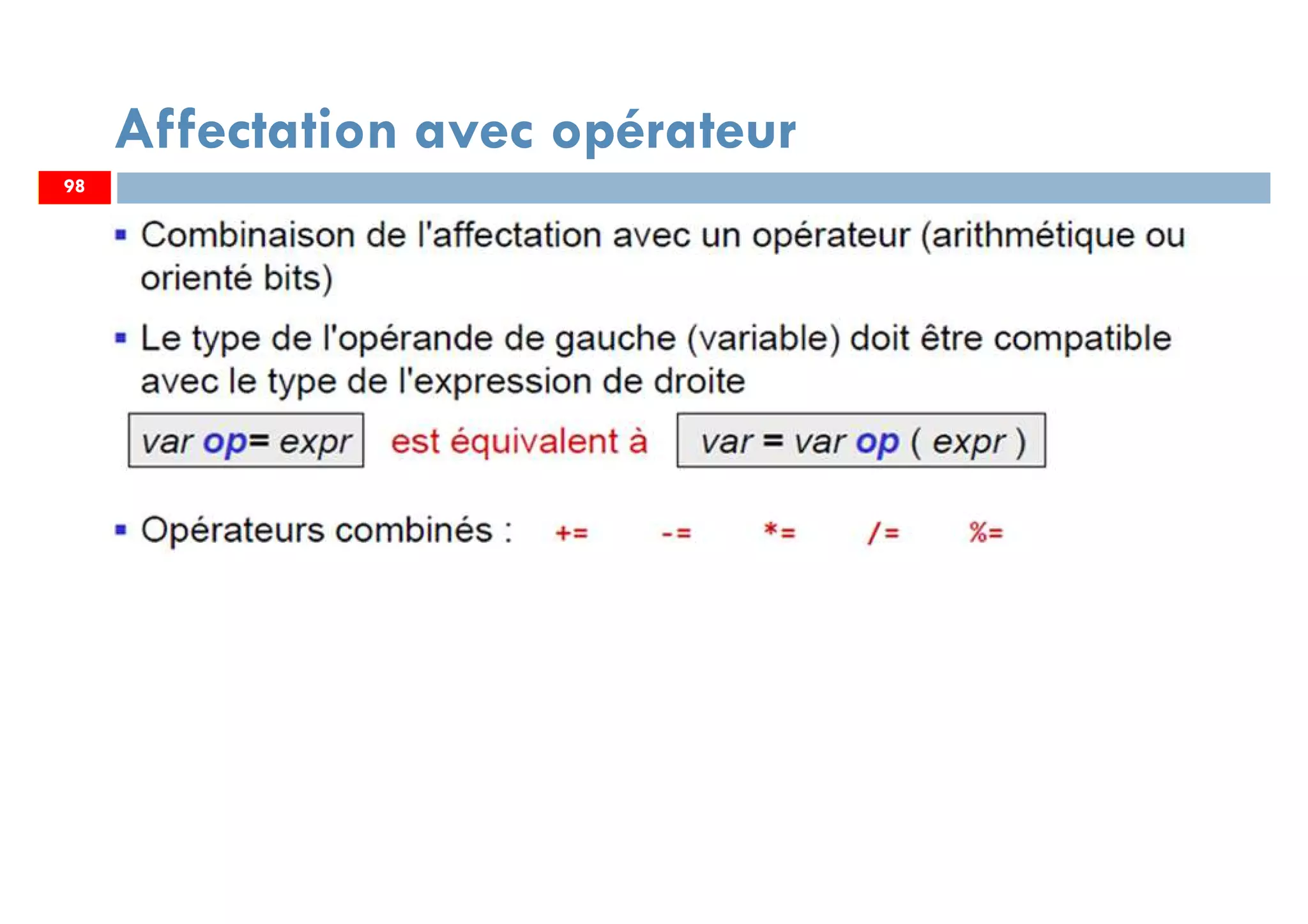 98
Affectation avec opérateur
98
 