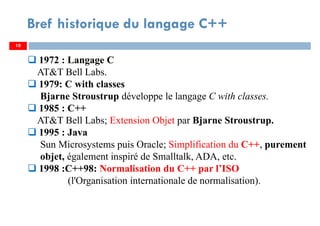 10
Bref historique du langage C++
1972 : Langage C
AT&T Bell Labs.
1979: C with classes
Bjarne Stroustrup développe le langage C with classes.
1985 : C++
AT&T Bell Labs; Extension Objet par Bjarne Stroustrup.
1995 : Java
Sun Microsystems puis Oracle; Simplification du C++, purement
objet, également inspiré de Smalltalk, ADA, etc.
1998 :C++98: Normalisation du C++ par l’ISO
(l'Organisation internationale de normalisation).
 
