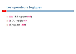 110
Les opérateurs logiques
&& : ET logique (and)
||: OU logique (or)
!: Négation (not)
110
 