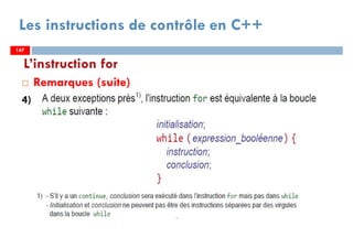 167
Les instructions de contrôle en C++
Remarques (suite)
4)
L’instruction for
167167
 