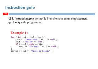 188
Instruction goto
L’instruction goto permet le branchement en un emplacement
quelconque du programme.
188188
Exemple 1:
 