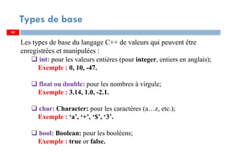 50
Types de base
Les types de base du langage C++ de valeurs qui peuvent être
enregistrées et manipulées :
int: pour les valeurs entières (pour integer, entiers en anglais);
Exemple : 0, 10, -47.
float ou double: pour les nombres à virgule;
Exemple : 3.14, 1.0, -2.1.
char: Character: pour les caractères (a…z, etc.);
Exemple : ‘a’, ‘+’, ‘$’, ‘3’.
bool: Boolean: pour les booléens;
Exemple : true or false.
50
 