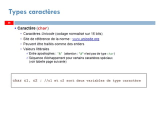 58
Types caractères
char c1, c2 ; //c1 et c2 sont deux variables de type caractère
5858
 