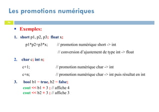 74
Les promotions numériques
74
Exemples:
1. short p1, p2, p3; float x;
p1*p2+p3*x; // promotion numérique short -> int
// conversion d’ajustement de type int -> float
2. char c; int n;
c+1; // promotion numérique char -> int
c+n; // promotion numérique char -> int puis résultat en int
3. bool b1 = true, b2 = false;
cout << b1 + 3 ; // affiche 4
cout << b2 + 3 ; // affiche 3
 