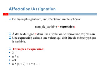 Affectation/Assignation
78
De façon plus générale, une affectation suit le schéma:
nom_de_variable = expression;
À droite du signe = dans une affectation se trouve une expression.
Une expression calcule une valeur, qui doit être de même type que
la variable.
Exemples d'expression:
3
n * n
n/4
n * (n + 2) + 4 * n – 1
78
 