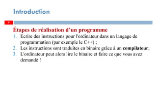 8
Introduction
Étapes de réalisation d’un programme
1. Ecrire des instructions pour l'ordinateur dans un langage de
programmation (par exemple le C++) ;
2. Les instructions sont traduites en binaire grâce à un compilateur;
3. L'ordinateur peut alors lire le binaire et faire ce que vous avez
demandé !
 