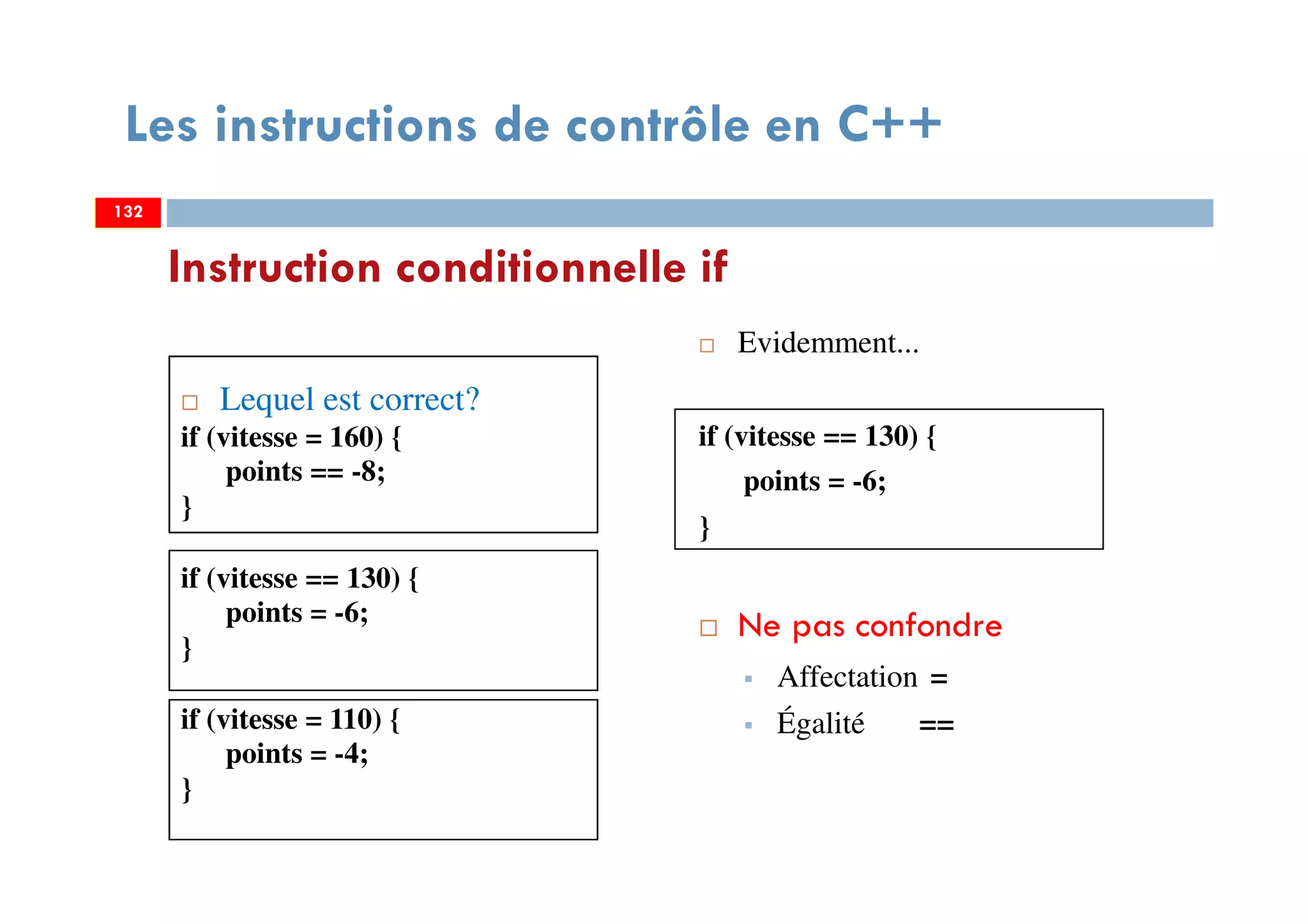 Lequel est correct?
if (vitesse = 160) {
points == -8;
}
if (vitesse == 130) {
points = -6;
}
if (vitesse = 110) {
points = -4;
}
Evidemment...
if (vitesse == 130) {
points = -6;
}
Ne pas confondre
Affectation =
Égalité ==
Les instructions de contrôle en C++
Instruction conditionnelle if
132132
 