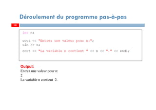 101
Déroulement du programme pas-à-pas
101
Output:
Entrez une valeur pour n:
2
La variable n contient 2.
 