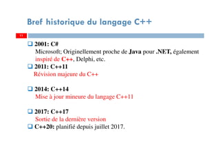 11
Bref historique du langage C++
2001: C#
Microsoft; Originellement proche de Java pour .NET, également
inspiré de C++, Delphi, etc.
2011: C++11
Révision majeure du C++
2014: C++14
Mise à jour mineure du langage C++11
2017: C++17
Sortie de la dernière version
C++20: planifié depuis juillet 2017.
 