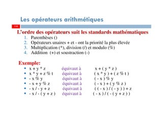 110
Les opérateurs arithmétiques
L’ordre des opérateurs suit les standards mathématiques
1. Parenthèses ()
2. Opérateurs unaires + et - ont la priorité la plus élevée
3. Multiplication (*), division (/) et modulo (%)
4. Addition (+) et soustraction (-)
Exemple:
x + y * z équivaut à x + ( y * z )
x * y + z % t équivaut à ( x * y ) + ( z % t )
- x % y équivaut à ( - x ) % y
- x + y % z équivaut à ( - x ) + ( y % z )
- x / - y + z équivaut à ( ( - x ) / ( - y ) ) + z
- x / - ( y + z ) équivaut à ( - x ) / ( - ( y + z ) )
110
 