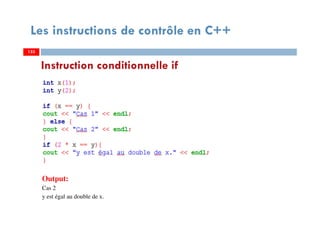 Output:
Cas 2
y est égal au double de x.
Les instructions de contrôle en C++
Instruction conditionnelle if
133133
 