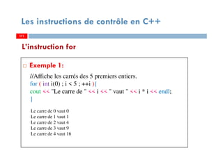171
Les instructions de contrôle en C++
Exemple 1:
L’instruction for
171
//Affiche les carrés des 5 premiers entiers.
for ( int i(0) ; i < 5 ; ++i ){
cout << "Le carre de " << i << " vaut " << i * i << endl;
}
171
Le carre de 0 vaut 0
Le carre de 1 vaut 1
Le carre de 2 vaut 4
Le carre de 3 vaut 9
Le carre de 4 vaut 16
 