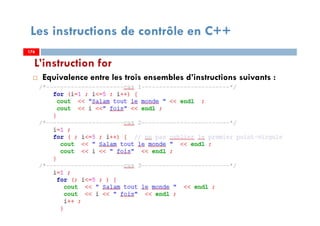 176
Les instructions de contrôle en C++
Equivalence entre les trois ensembles d’instructions suivants :
L’instruction for
176176
 