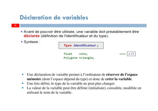 41
Déclaration de variables
Une déclaration de variable permet à l’ordinateur de réserver de l’espace
mémoire (dont l’espace dépend du type) et donc de créer la variable.
Une fois défini, le type de la variable ne peut plus changer.
La valeur de la variable peut être définie (initialisée), consultée, modifiée en
utilisant le nom de la variable.
41
 