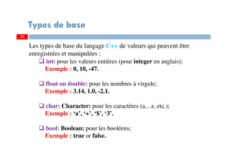 55
Types de base
Les types de base du langage C++ de valeurs qui peuvent être
enregistrées et manipulées :
int: pour les valeurs entières (pour integer en anglais);
Exemple : 0, 10, -47.
float ou double: pour les nombres à virgule;
Exemple : 3.14, 1.0, -2.1.
char: Character: pour les caractères (a…z, etc.);
Exemple : ‘a’, ‘+’, ‘$’, ‘3’.
bool: Boolean: pour les booléens;
Exemple : true or false.
55
 