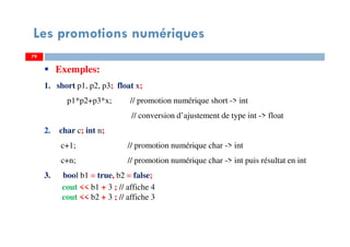 79
Les promotions numériques
79
Exemples:
1. short p1, p2, p3; float x;
p1*p2+p3*x; // promotion numérique short -> int
// conversion d’ajustement de type int -> float
2. char c; int n;
c+1; // promotion numérique char -> int
c+n; // promotion numérique char -> int puis résultat en int
3. bool b1 = true, b2 = false;
cout << b1 + 3 ; // affiche 4
cout << b2 + 3 ; // affiche 3
79
 