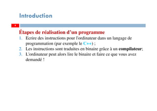 8
Introduction
Étapes de réalisation d’un programme
1. Ecrire des instructions pour l'ordinateur dans un langage de
programmation (par exemple le C++) ;
2. Les instructions sont traduites en binaire grâce à un compilateur;
3. L'ordinateur peut alors lire le binaire et faire ce que vous avez
demandé !
 