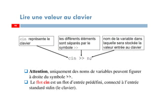 98
Lire une valeur au clavier
98
Attention, uniquement des noms de variables peuvent figurer
à droite du symbole >>.
Le flot cin est un flot d’entrée prédéfini, connecté à l’entrée
standard stdin (le clavier).
 